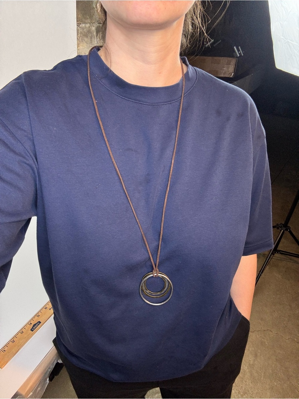 Minimalist Brown Leather Cord Necklace with Triple Metal Rings